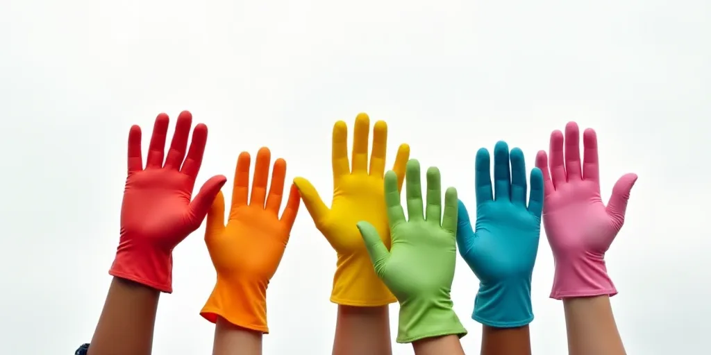 a group of colorful gloves with a white background and a white sky in the background with a few hand