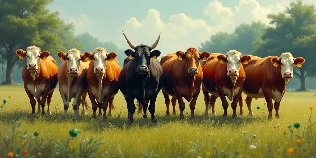 a group of cows standing next to each other on a field of grass and trees in the background, with a