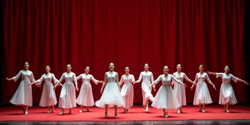 a group of dancers in white outfits on a stage with red carpet and curtain behind them, all of which