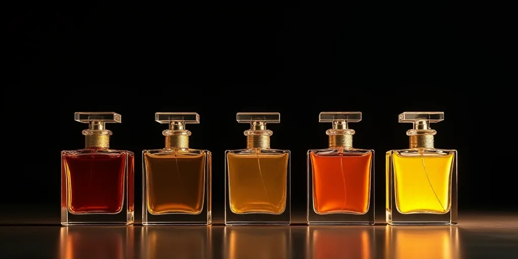 a group of different colored bottles of perfumes on display together in a row on a table top with a
