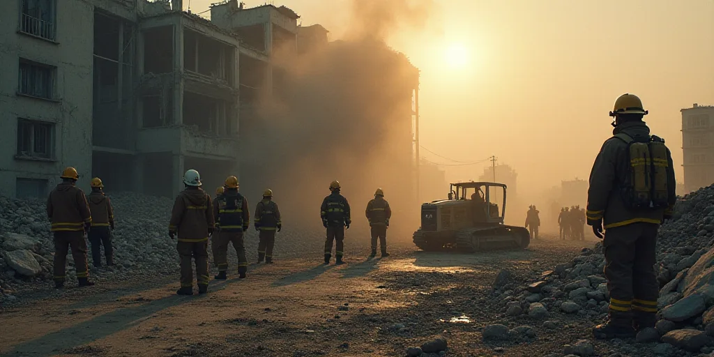 a group of firemen standing around a destroyed building with a bulldozer in the background and a fir