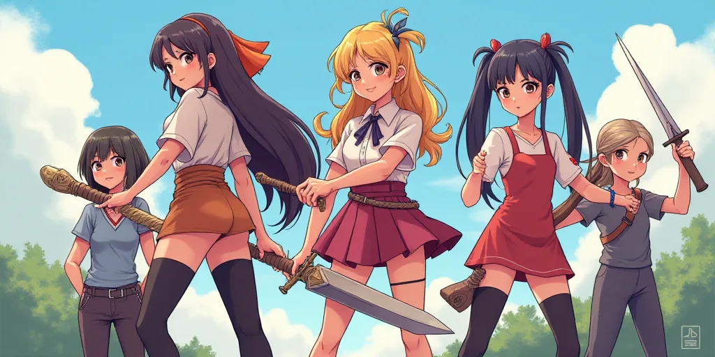 a group of girls in a cartoon style pose for a picture with a sword and a sword in their hands, Epsy