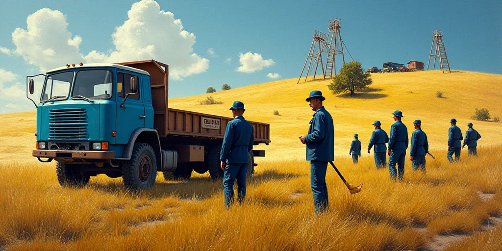 a group of men in blue work in a field next to a truck and ladders on a hill, Else Alfelt, action, a