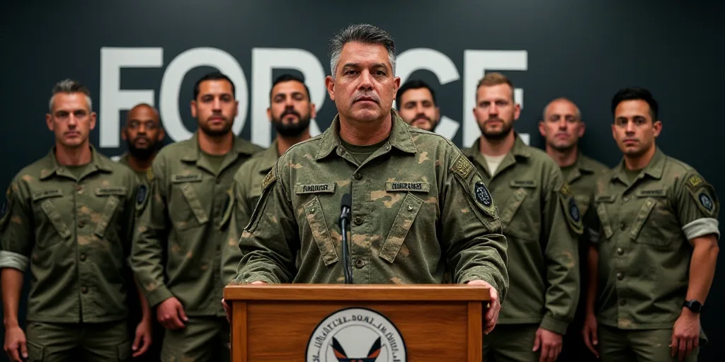 a group of men in military gear standing in front of a podium with a sign behind them that says forc