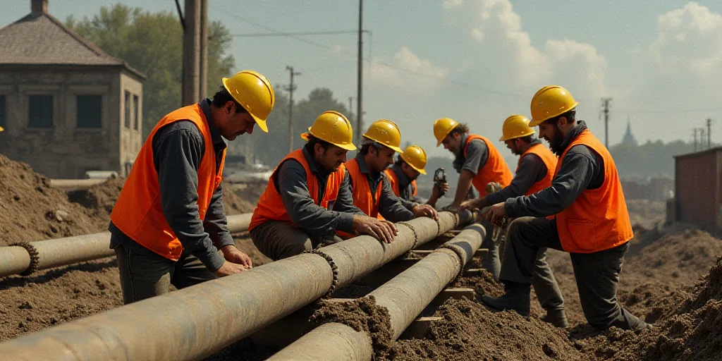 a group of men in orange vests and hard hats working on a construction site with pipes and pipes, Av