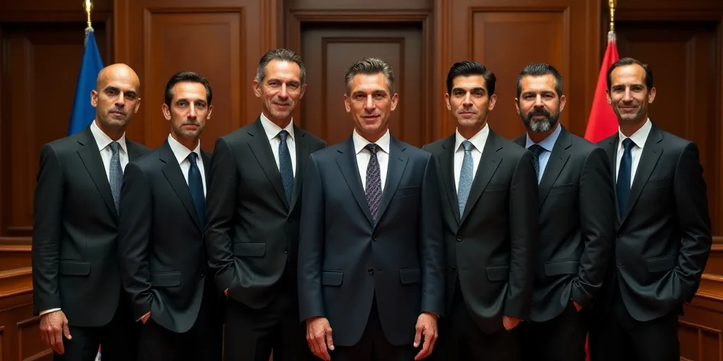 a group of men in suits and ties posing for a picture in a room with wooden doors and a flag, Carlos