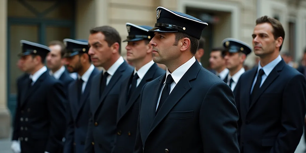 a group of men in suits and ties standing next to each other in a line with a man in a navy uniform,