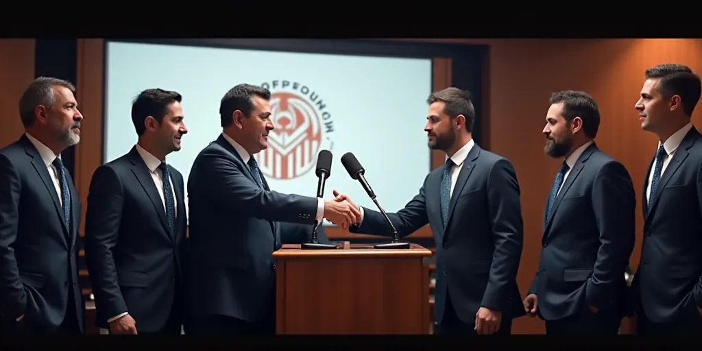a group of men standing around a podium shaking hands with each other in front of a screen with a lo