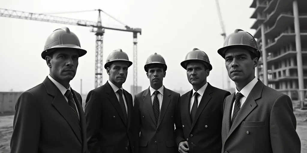 a group of men standing next to each other on a construction site with a crane in the background and