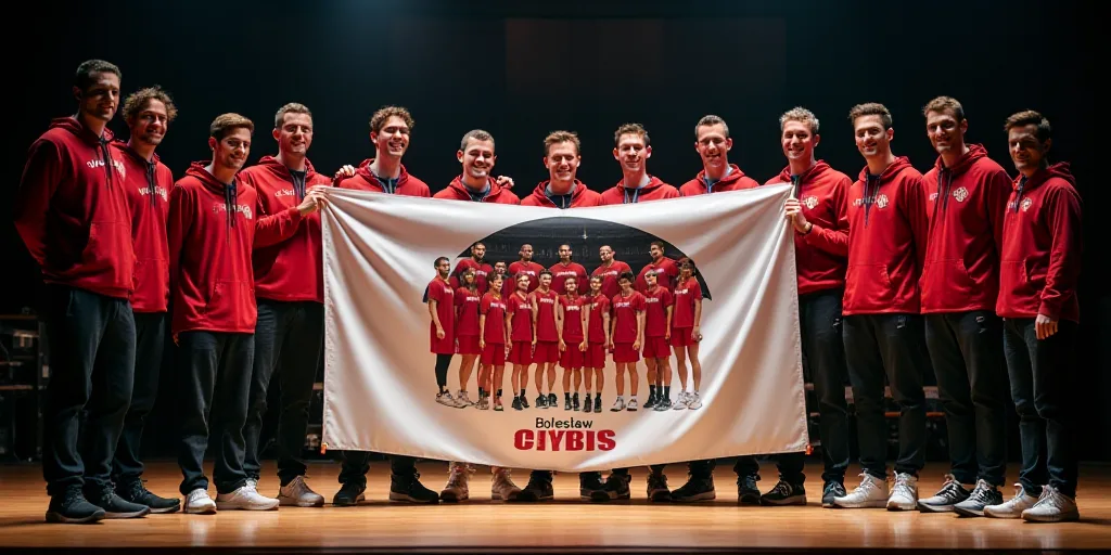 a group of men standing on a stage holding a banner with a picture of a basketball team on it, Boles