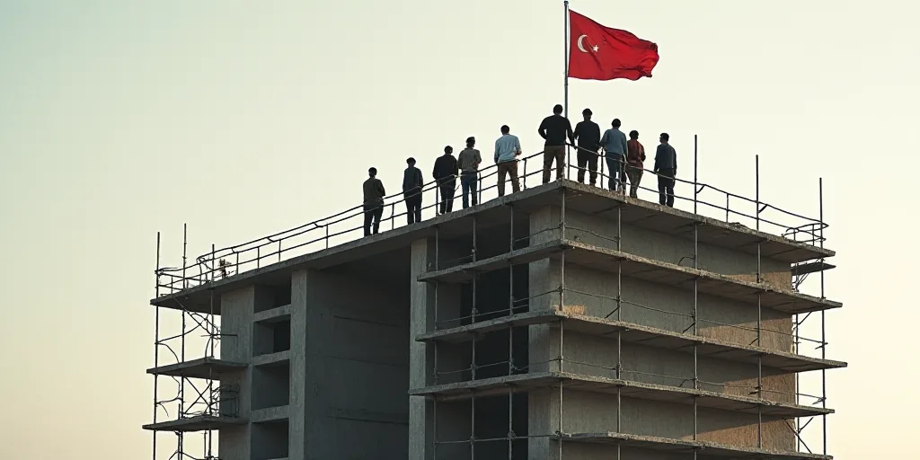 a group of men standing on top of a tall building under construction with scaffolding around them an