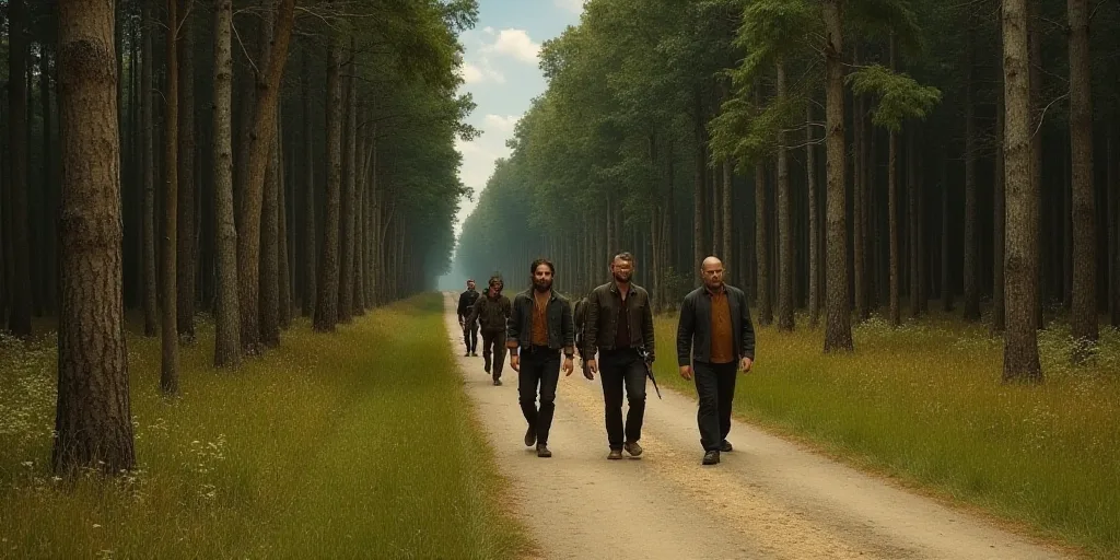 a group of men walking down a road next to a forest filled with trees and grass on either side of th