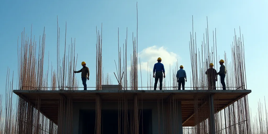 a group of men working on a building under construction with lots of steel rods in the foreground an