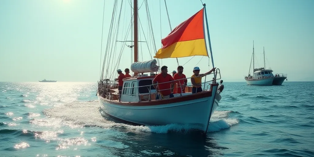 a group of people holding a flag on a boat in the water with a boat in the background and a boat in