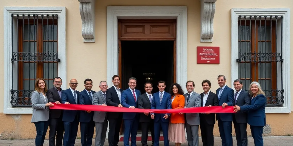 a group of people holding a ribbon in front of a building with a door and a sign on it, Carlos Franc