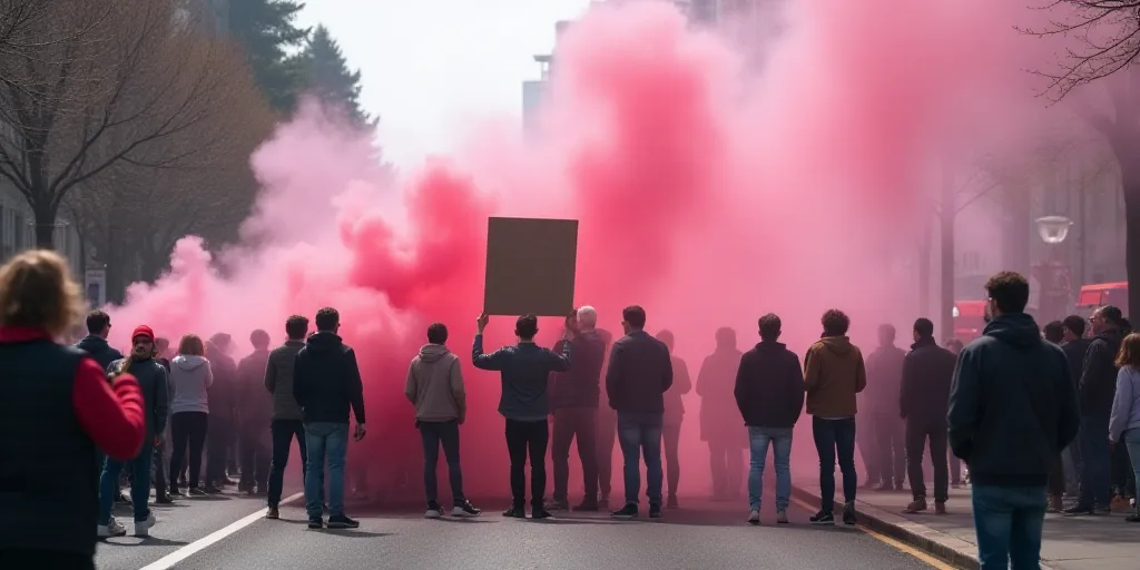 a group of people holding a sign in the street with smoke coming out of it and a lot of pink smoke c