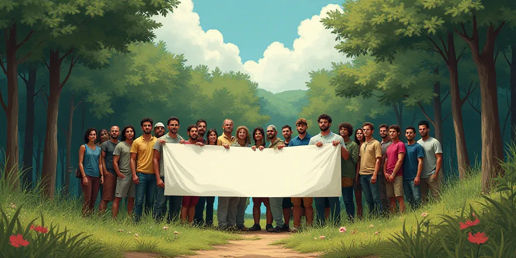 a group of people holding a sign in a forest area with trees in the background and a sky background,