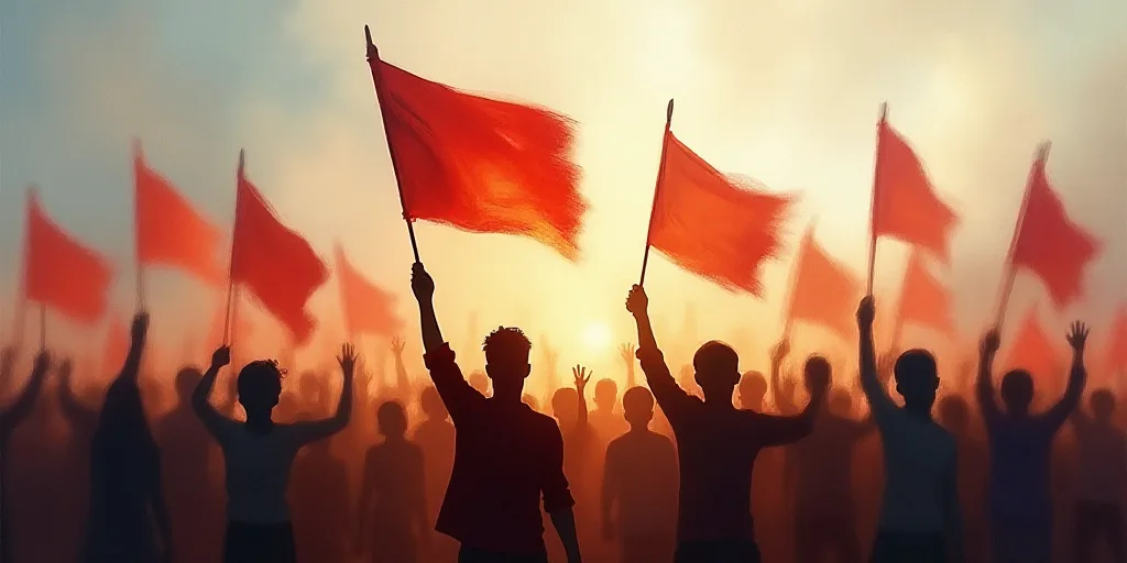 a group of people holding flags in the air with blurry background of them and a crowd of people, Den