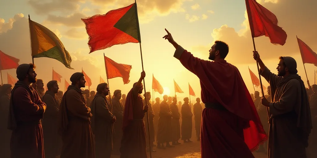 a group of people holding flags and pointing to something in the air with other people standing arou