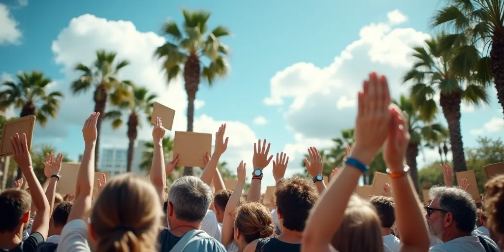 a group of people holding signs in a street with palm trees in the background and a sky background w