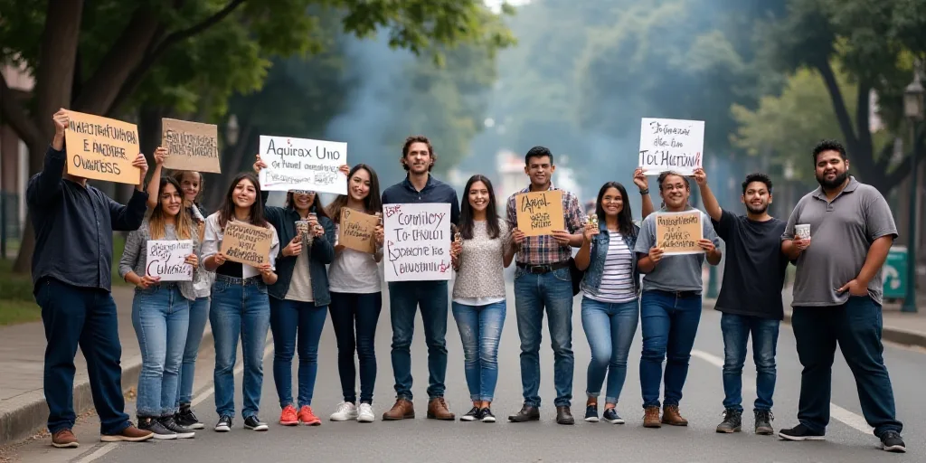 a group of people holding signs in spanish and english on a street corner with trees and buildings i