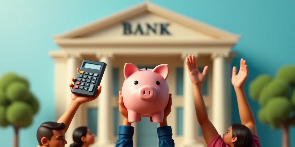 a group of people holding up a piggy bank and a calculator in front of a bank, Cui Bai, foto realist