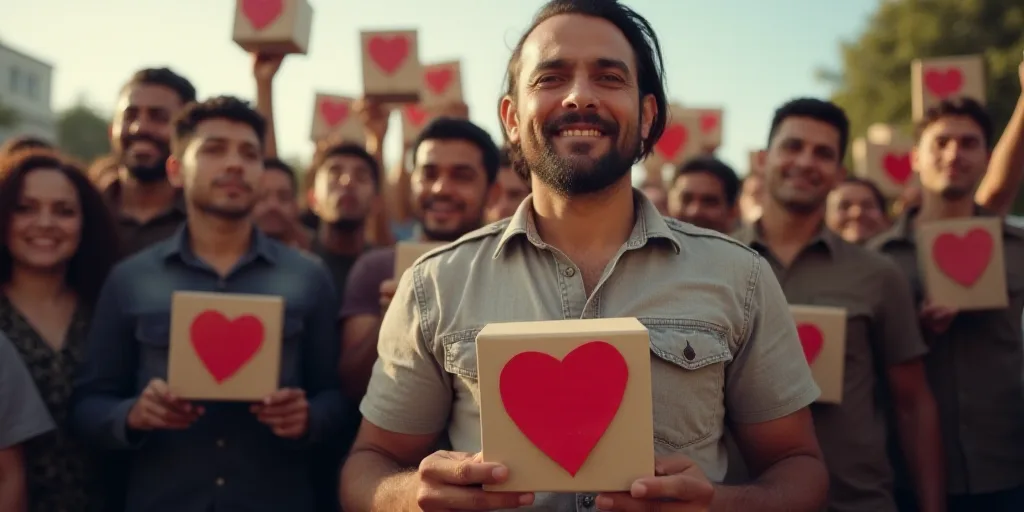 a group of people holding up some kind of boxes with a heart on it's side and a man holding a box wi