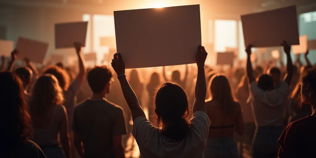 a group of people holding up signs in a room with a lot of people standing around them and holding u