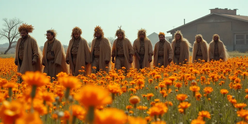 a group of people in costume walking through a field of flowers with orange flowers in front of them
