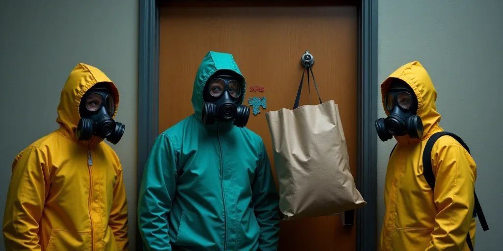 a group of people in gas masks and protective gear standing in front of a door with a paper bag, Aqu