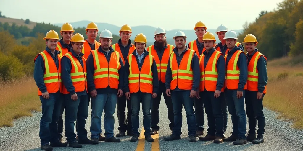 a group of people in safety vests and hard hats posing for a picture together on a gravel road, Aqui