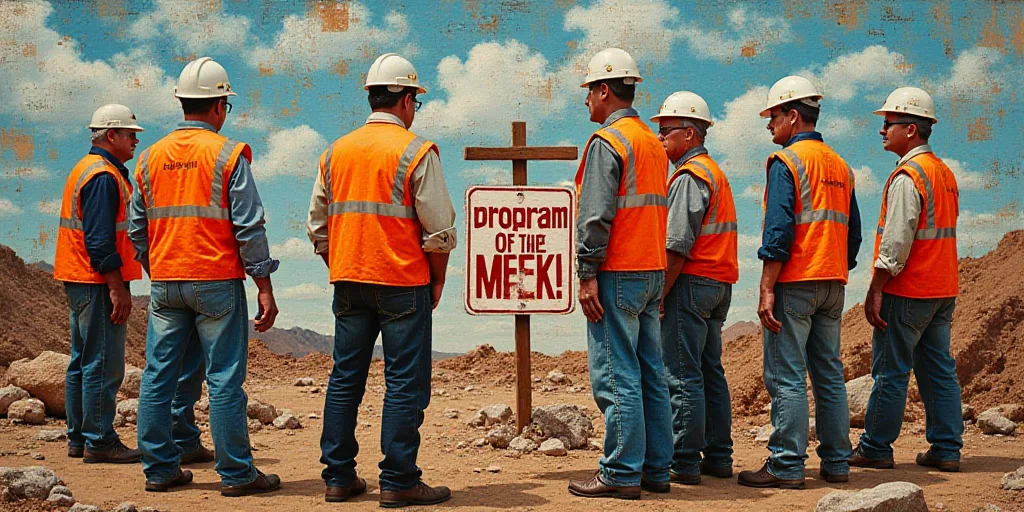 a group of people in safety vests standing around a sign with a sign on it that says program of the