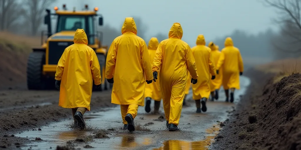 a group of people in yellow raincoats walking in a muddy area with a bulldozer in the background, Ce
