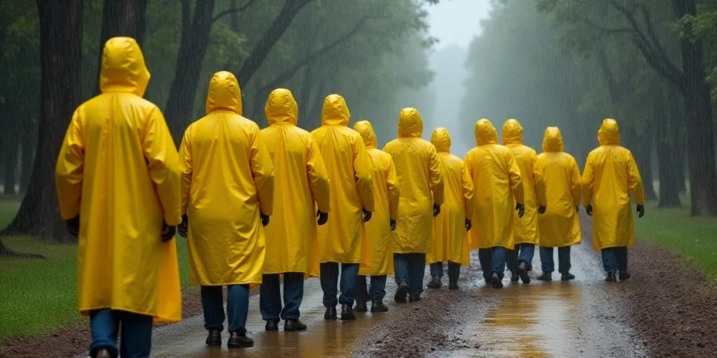 a group of people in yellow rain coats standing on a muddy road in the rain with trees in the backgr