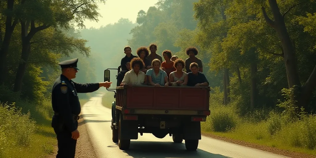 a group of people riding on the back of a truck down a road in the jungle with a police officer poin