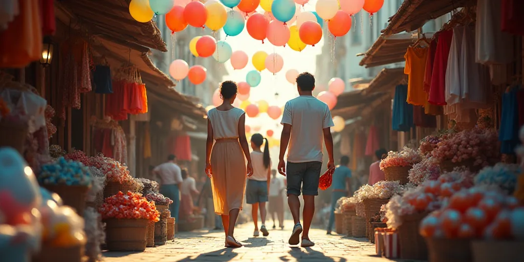 a group of people shopping in a market with balloons and other items hanging from the ceiling above