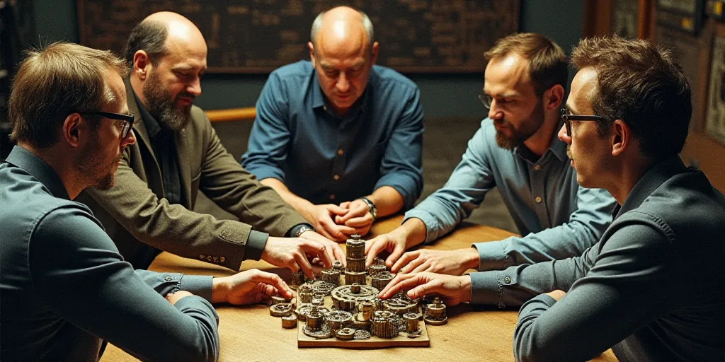 a group of people sitting around a table with gears on it and hands on top of each other with a face