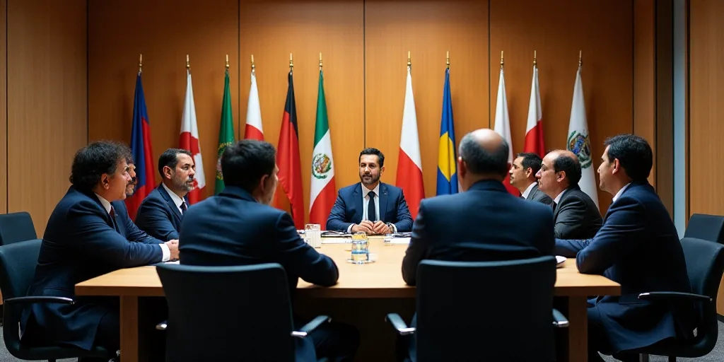 a group of people sitting around a table in a conference room with flags on the wall behind them and