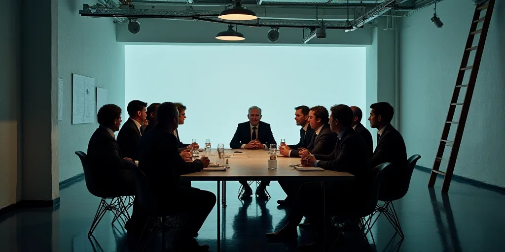 a group of people sitting around a table talking to each other in a room with a ladder in the backgr