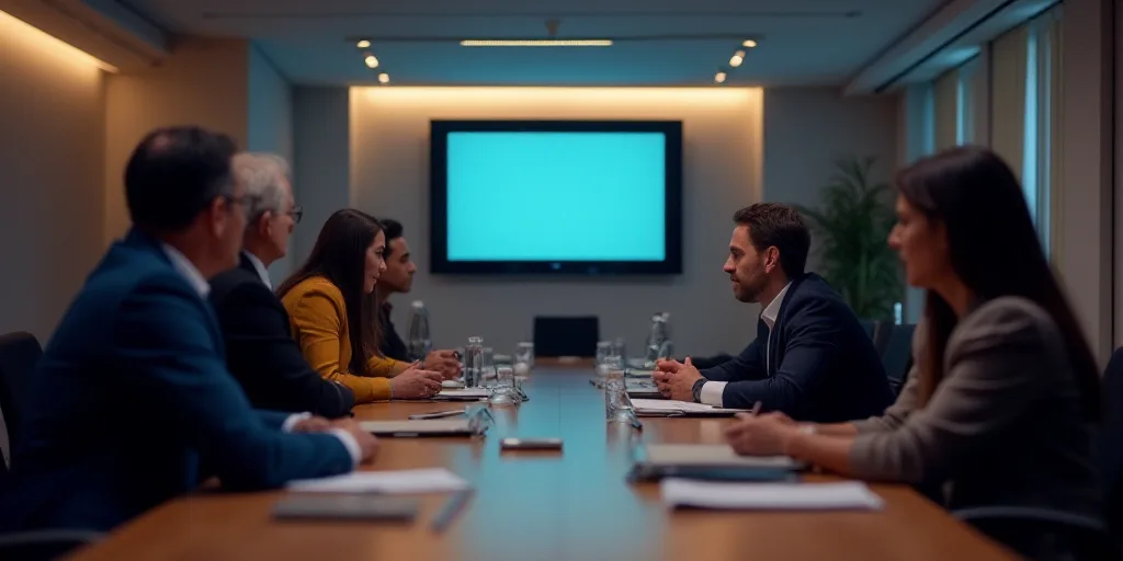 a group of people sitting around a conference room table with a screen on it's center wall and a spe