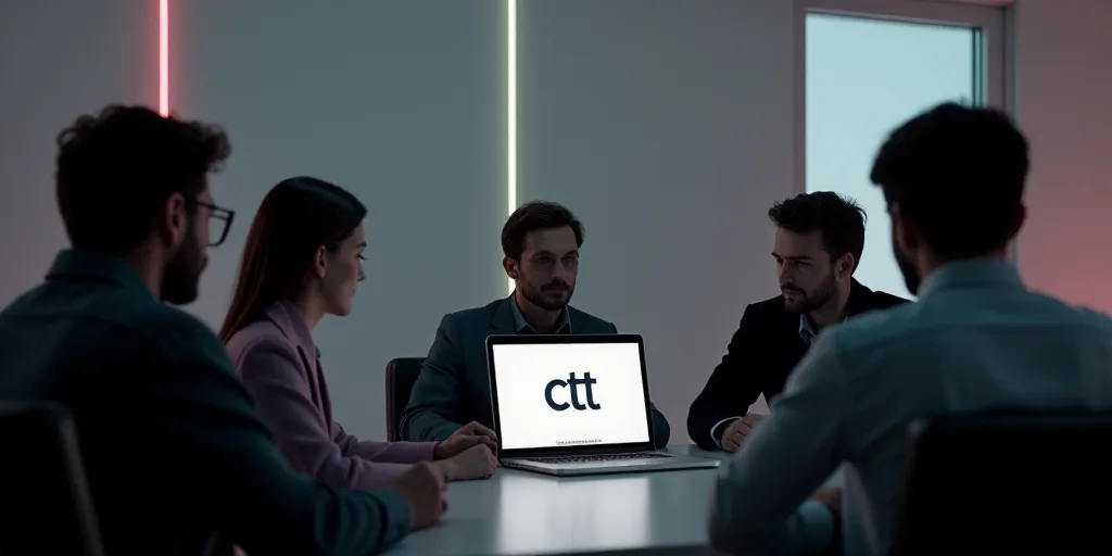 a group of people sitting around a laptop computer on a desk with the ctt logo on it's screen, Andri