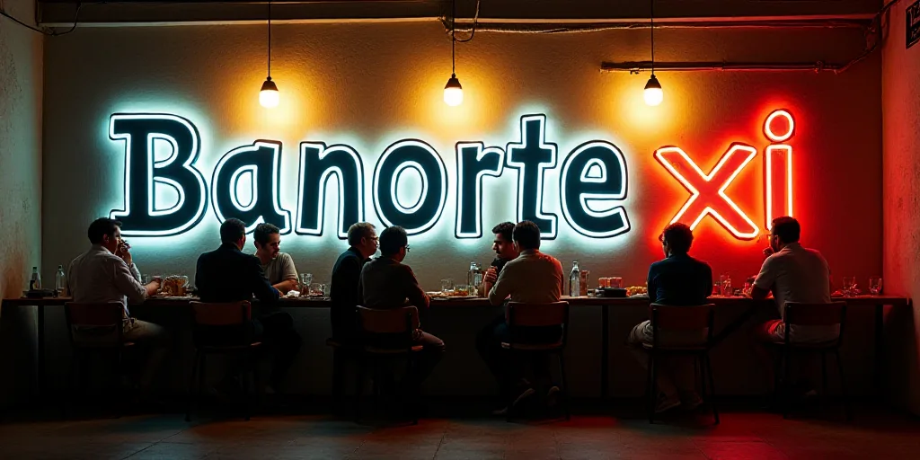 a group of people sitting at a table in front of a sign that says banorte xi, Félix Arauz, panorami