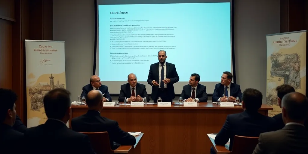 a group of people sitting at a table in front of a screen with information on it and a man standing