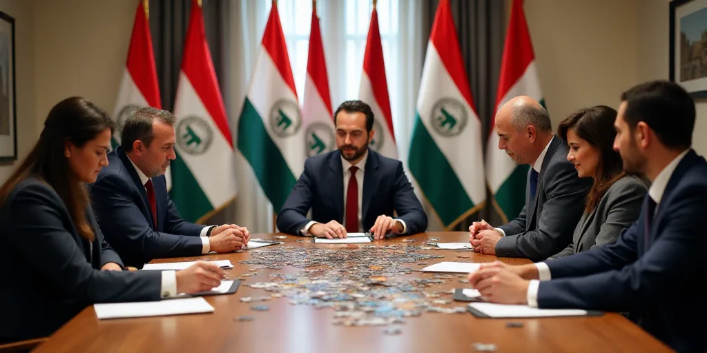 a group of people sitting at a table with flags behind them and a sign that says peace in the middle
