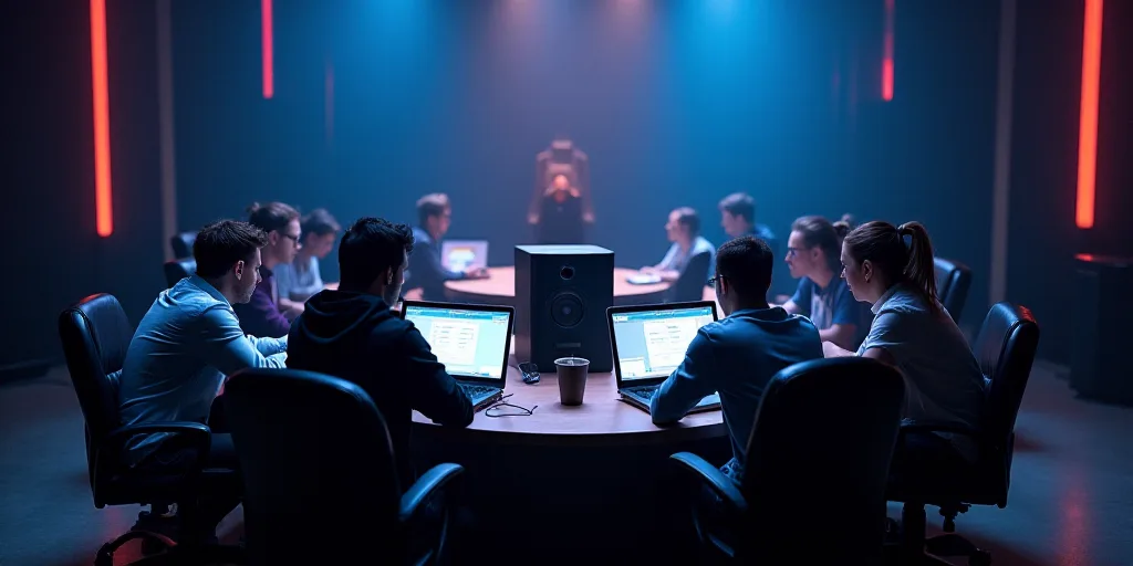 a group of people sitting at a table with laptops in front of them and a speaker in the middle of th
