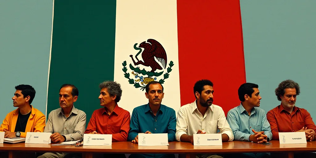 a group of people sitting at a table with signs in front of them and a flag behind them with a mexic