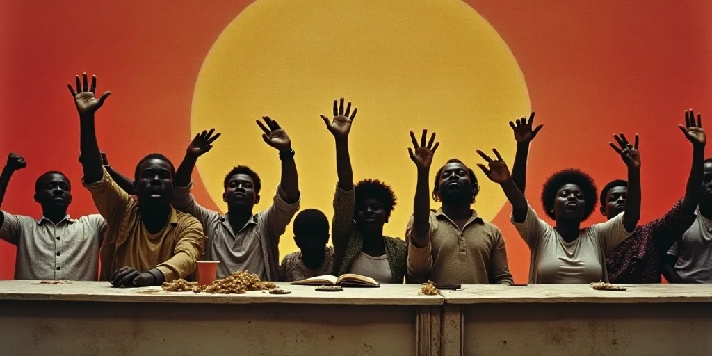 a group of people sitting at a table with their hands up in the air in front of them and a sign behi