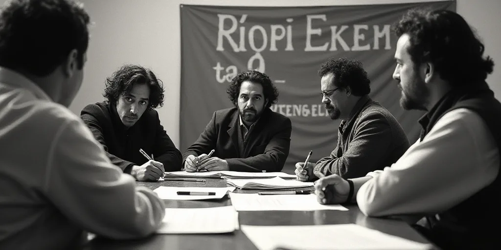 a group of people sitting at a table with papers and pens in front of them and a banner behind them,