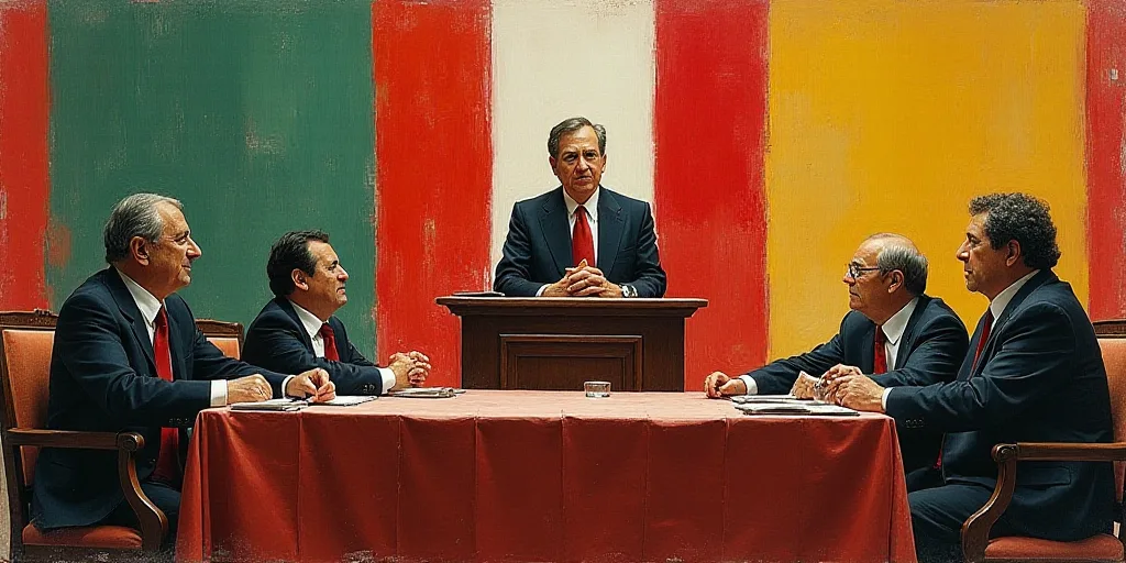 a group of people sitting at a table with flags behind them and a speaker at a podium behind them, D