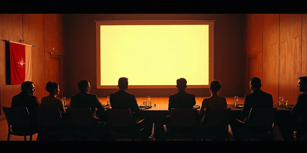 a group of people sitting at a table in a room with a large screen and a flag hanging on the wall, D